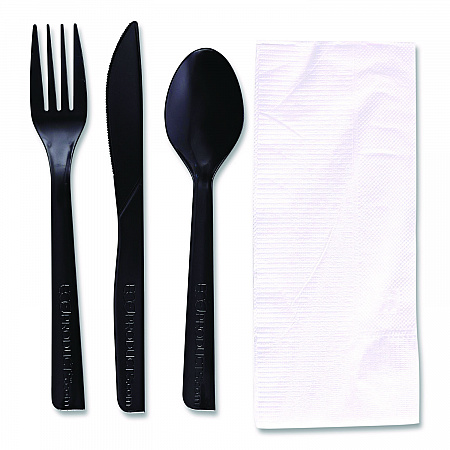 100% Recycled Content Cutlery Kit, Heavyweight Fork/Knife/Soup Spoon/Spoon, Plastic, Black, 250/Carton (EPS115)