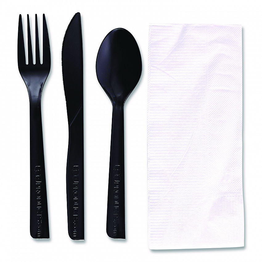 100% Recycled Content Cutlery Kit, Heavyweight Fork/Knife/Soup Spoon/Spoon, Plastic, Black, 250/Carton (EPS115)