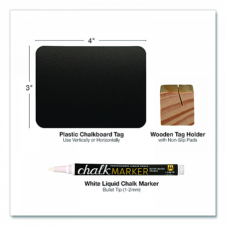 Tabletop Chalkboard Tag, Black Surface, Teak Wood Holder, 3 x 4, 6/Pack (EGPHD0508S)