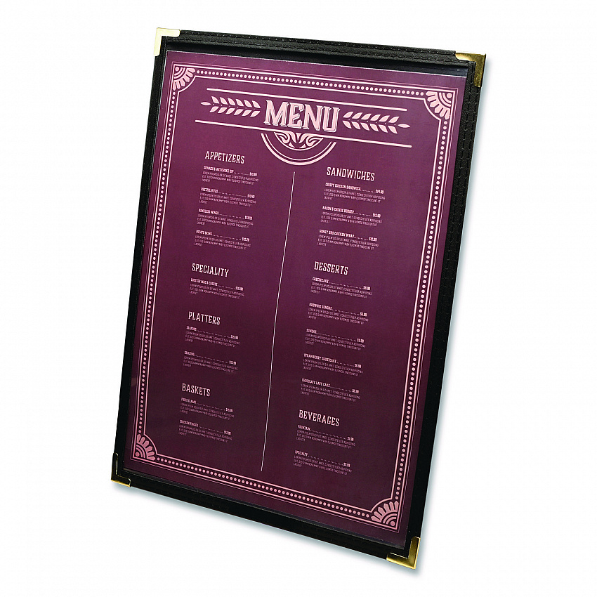 Menu Holder For 8.5 x 11 Menus, Portrait Orientation, 2-View, 9.3 x 12 Holder, Clear/Black/Silver, 10/Pack (SPLSMENU2)