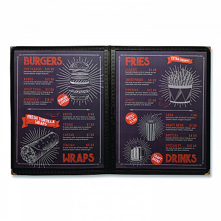 Menu Holder For 8.5 x 11 Menus, Portrait Orientation, 4-View, 9.6 x 12 Holder, Clear/Black/Silver, 10/Pack (SPLSMENU4)