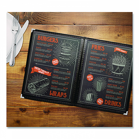 Menu Holder For 8.5 x 11 Menus, Portrait Orientation, 4-View, 9.6 x 12 Holder, Clear/Black/Silver, 10/Pack (SPLSMENU4)