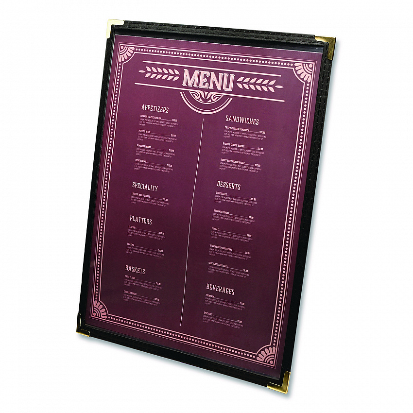 Menu Holder For 8.5 x 11 Menus, Portrait Orientation, 9.3 x 11.9 Holder, Clear/Black/Gold (SPLSMENU21PK)