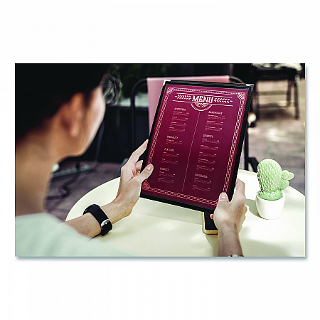 Menu Holder For 8.5 x 11 Menus, Portrait Orientation, 9.3 x 11.9 Holder, Clear/Black/Gold (SPLSMENU21PK)