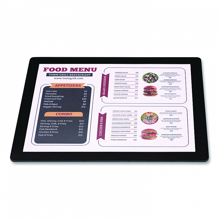 Menu Holder For 8.5 x 11 Menus, Landscape Orientation, 12.6 x 10.2 Holder, Clear/Black (SPLSMENU8511)