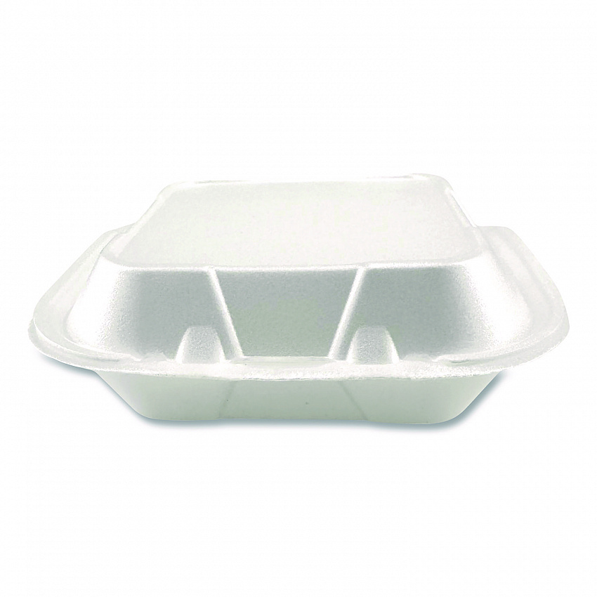 Foam Hinged Lid Containers, 3-Compartment, 8.56 x 8 x 2.76, White, Foam, 200/Carton (12092)