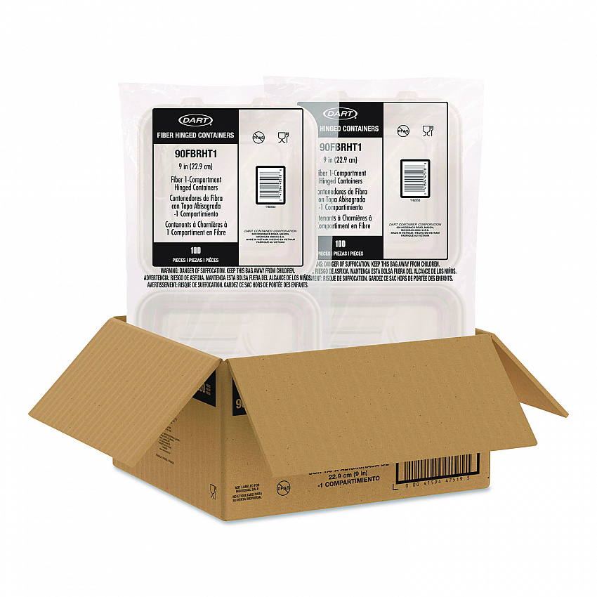 Compostable Molded Fiber Hinged Trays, ProPlanet Seal, 9.14 x 9 x 2.98, Natural, 200/Carton (90FBRHT1)