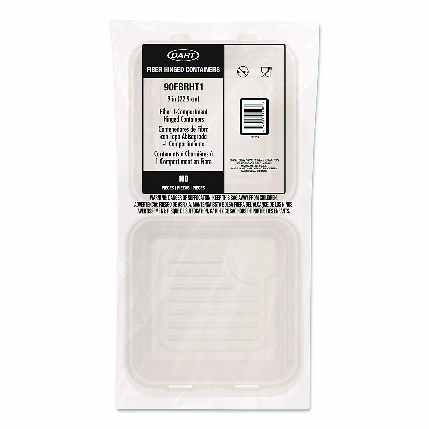 Compostable Molded Fiber Hinged Trays, ProPlanet Seal, 9.14 x 9 x 2.98, Natural, 200/Carton (90FBRHT1)