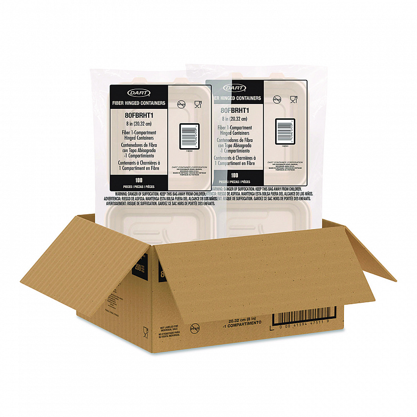 Compostable Molded Fiber Hinged Trays, ProPlanet Seal, 8.65 x 7.94 x 2.98, Natural, 200/Carton (80FBRHT1)