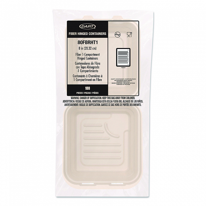 Compostable Molded Fiber Hinged Trays, ProPlanet Seal, 8.65 x 7.94 x 2.98, Natural, 200/Carton (80FBRHT1)