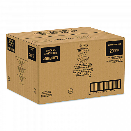 Compostable Molded Fiber Hinged Trays, ProPlanet Seal, 6.41 x 9.22 x 3, Natural, 200/Carton (206FBRHT1)
