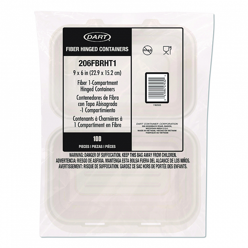 Compostable Molded Fiber Hinged Trays, ProPlanet Seal, 6.41 x 9.22 x 3, Natural, 200/Carton (206FBRHT1)