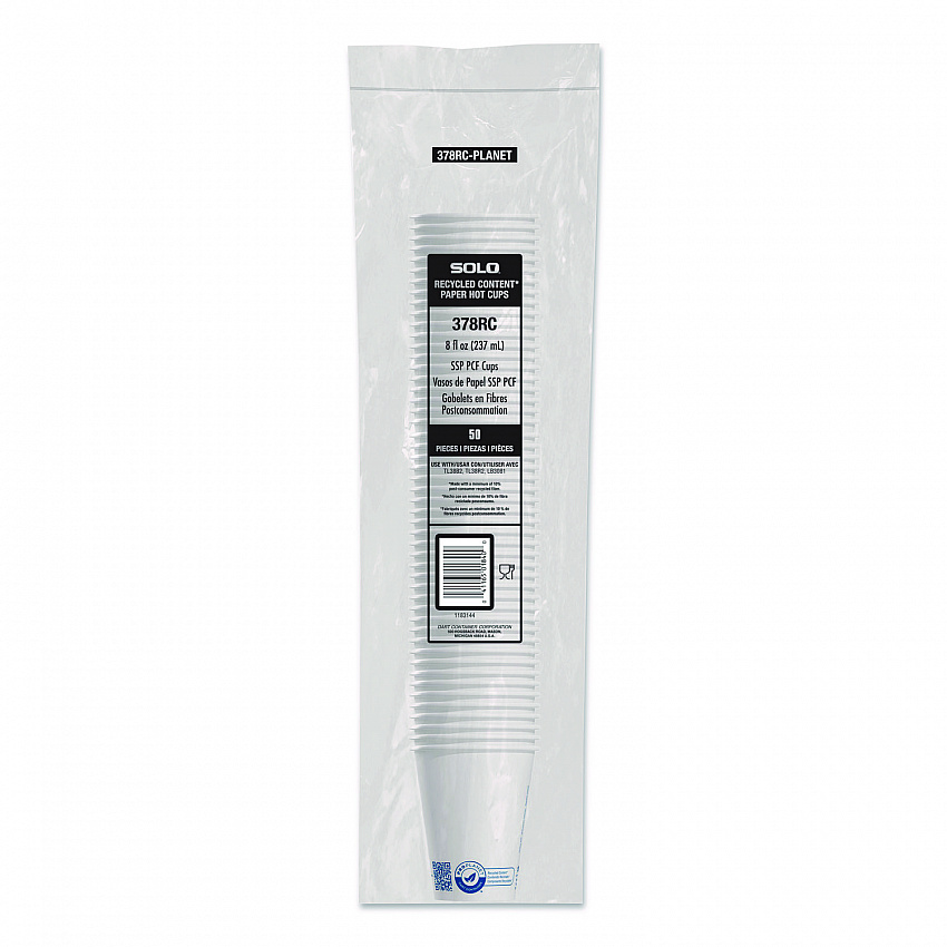 Recycled Content PCF Paper Hot Cups, ProPlanet Seal, 8 oz, White/Blue, 1,000/Carton (378RCPLANET)