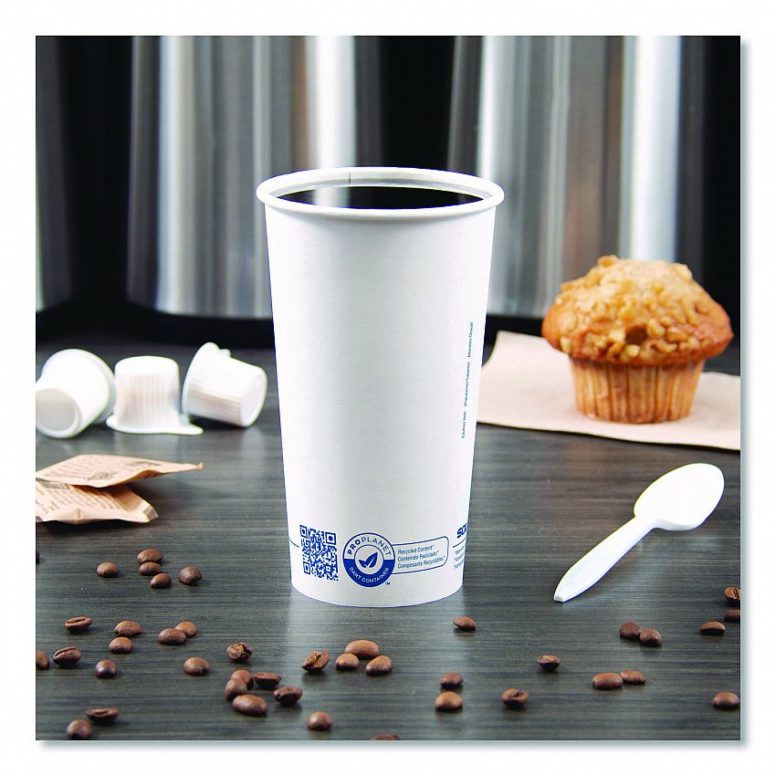 Recycled Content PCF Paper Hot Cups, ProPlanet Seal, 20 oz, White/Blue, 600/Carton (420RCPLANET)