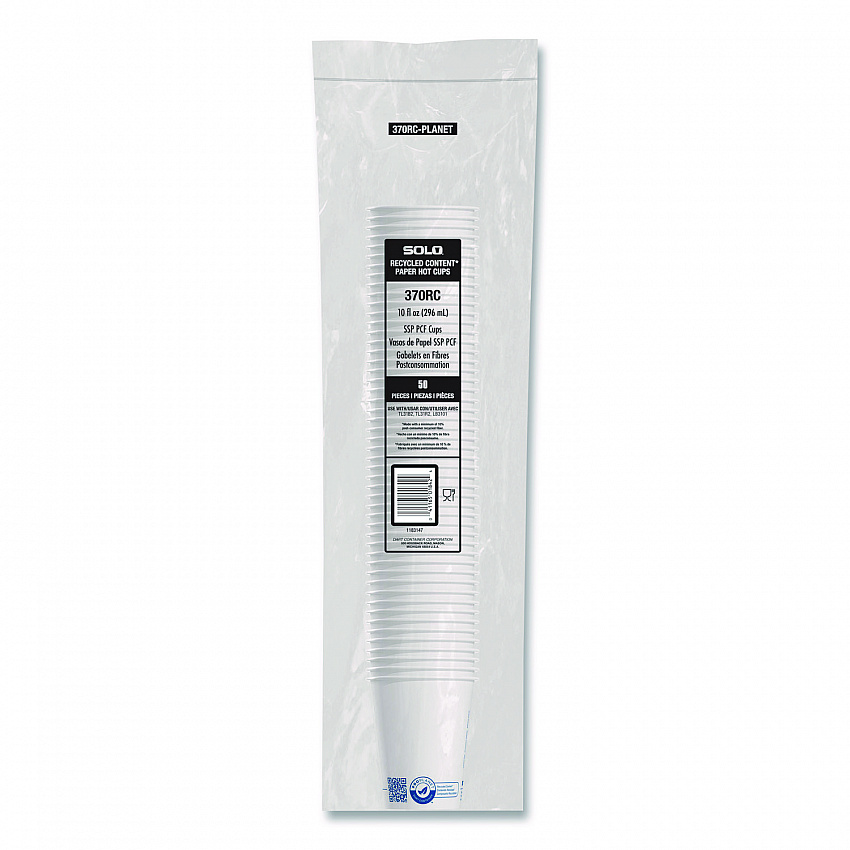 Recycled Content PCF Paper Hot Cups, ProPlanet Seal, 10 oz, White, 50/Pack (370RCPLANEPK)