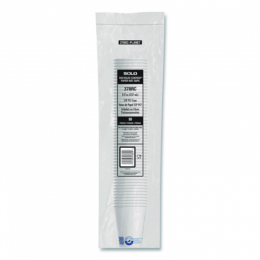 Recycled Content PCF Paper Hot Cups, ProPlanet Seal, 8 oz, White, 50/Pack (378RCPLANEPK)