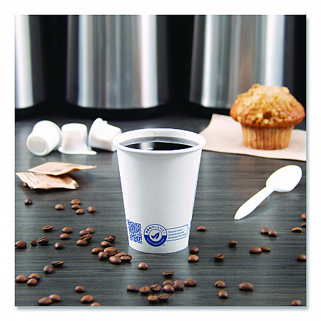 Recycled Content PCF Paper Hot Cups, ProPlanet Seal, 8 oz, White, 50/Pack (378RCPLANEPK)