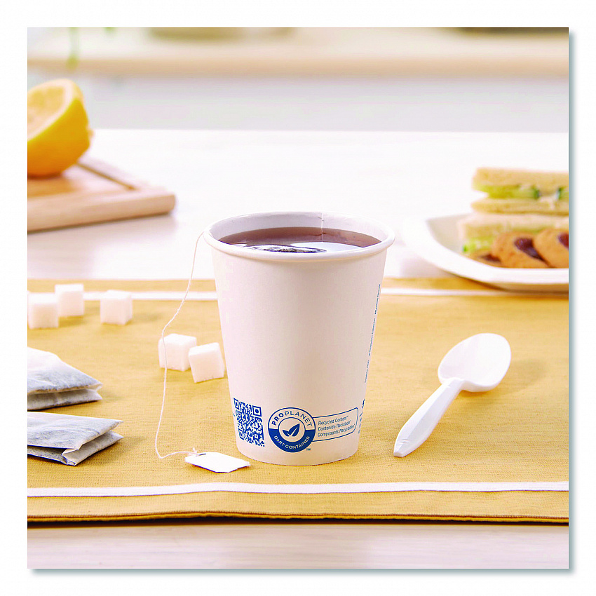 Recycled Content PCF Paper Hot Cups, ProPlanet Seal, 8 oz, White, 50/Pack (378RCPLANEPK)