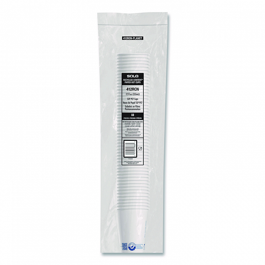 Recycled Content PCF Paper Hot Cups, ProPlanet Seal, 12 oz, White, 50/Pack (412RCNPLANPK)