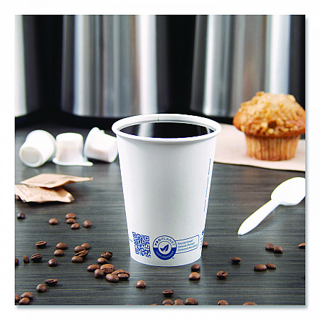 Recycled Content PCF Paper Hot Cups, ProPlanet Seal, 12 oz, White, 50/Pack (412RCNPLANPK)