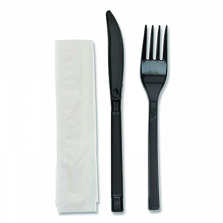 Gardenware Cutlery Kit, Individually Wrapped, Heavyweight, Fork/Knife/Napkin, Plastic, Black, 500/Carton (GKFKNECH)