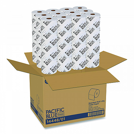 Pacific Blue Basic High-Capacity Bathroom Tissue, Septic Safe, 1-Ply, White, 1,500 Sheets/Roll, 48 Rolls/Carton (1444801)