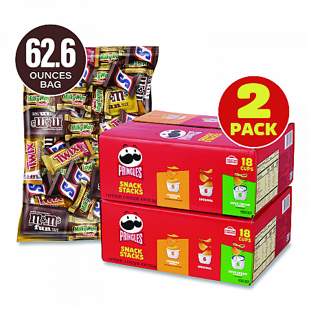 Mini Milk Chocolate and Pringles Snack Stacks Variety Combo Pack, 62 oz Bag Mini/Fun Size, (36) Cups Assorted Flavors/Bundle (60004170)
