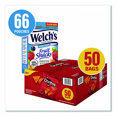Doritos Nacho Cheese Tortilla Chips and Welch's Mixed Fruit Snacks, (50) 1oz Bag Chips, (66) 0.8 oz Pouch Fruit Snacks/Bundle (60004174)