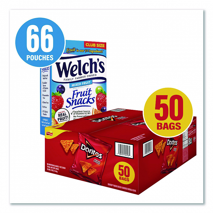 Doritos Nacho Cheese Tortilla Chips and Welch's Mixed Fruit Snacks, (50) 1oz Bag Chips, (66) 0.8 oz Pouch Fruit Snacks/Bundle (60004174)