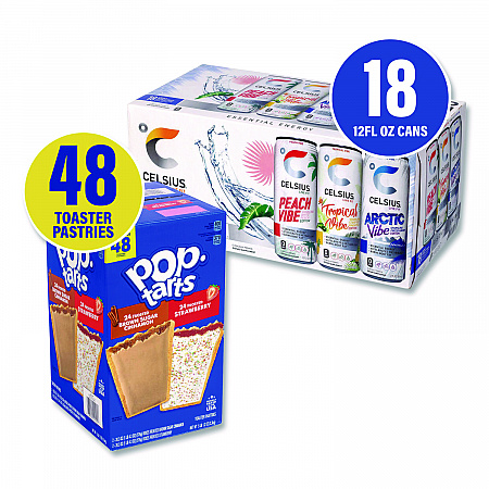 Celcius Vibe and Pop Tarts Variety Combo Pack,(18) 12oz Cans,(24) Frosted Strawberry/(24) Frosted Brown Sugar Cinnamon/Bundle (60004172)