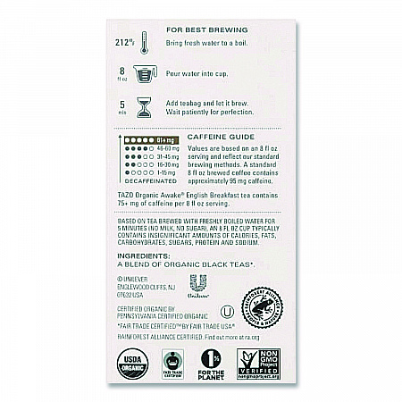 Tea Bags, Organic Awake English Breakfast, 16/Box (TAZ00303BX)