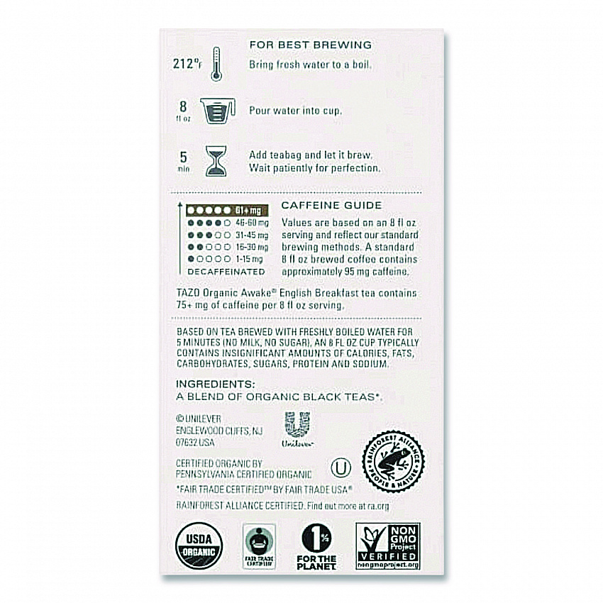 Tea Bags, Organic Awake English Breakfast, 16/Box (TAZ00303BX)