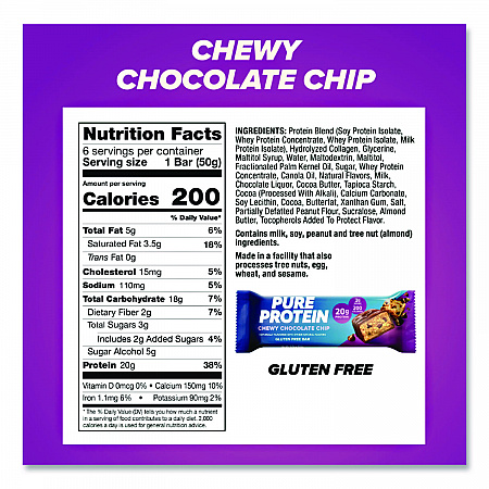 Pure Protein Bar, Chewy Chocolate Chip, 1.76 oz Bar, 6/Box (NRN13353)