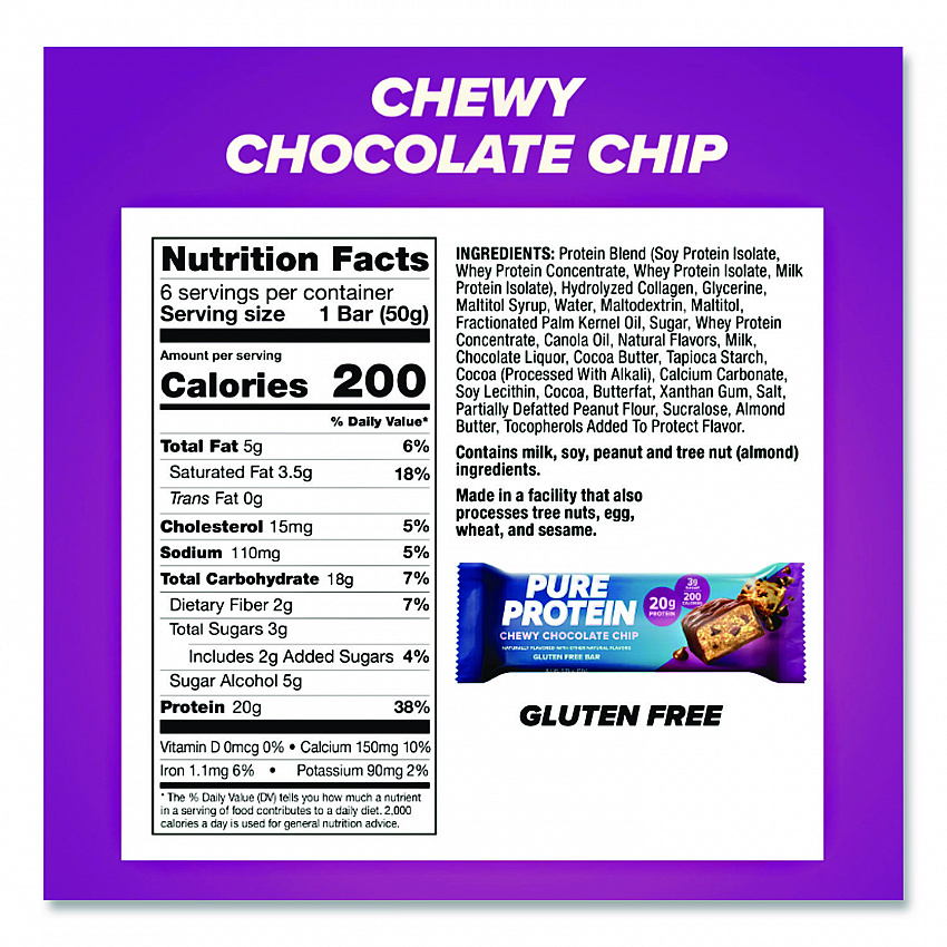 Pure Protein Bar, Chewy Chocolate Chip, 1.76 oz Bar, 6/Box (NRN13353)