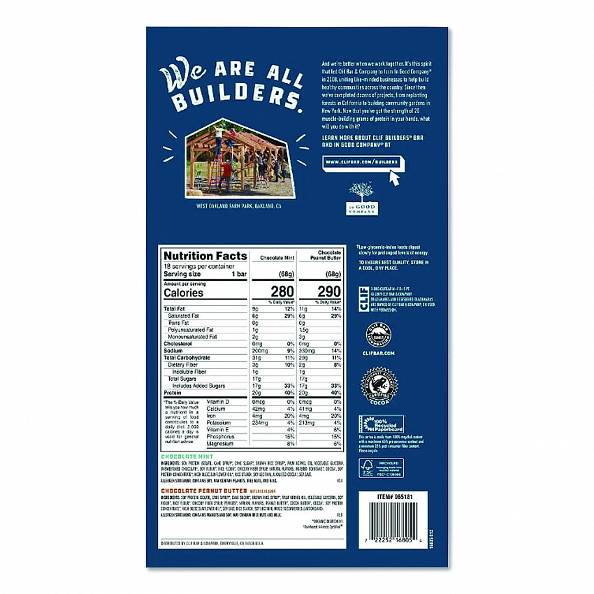 Builders Protein Bar, Variety Pack, Chocolate Mint/Chocolate Peanut Butter, 2.4 oz Bar, 18 Bars/Box (22000543)