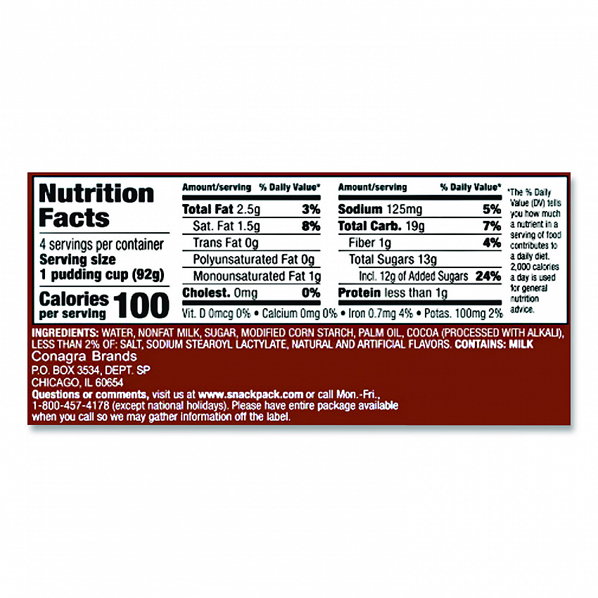 Pudding Cups, Chocolate, 3.5 oz Cup, 48/Carton (HUN55418)