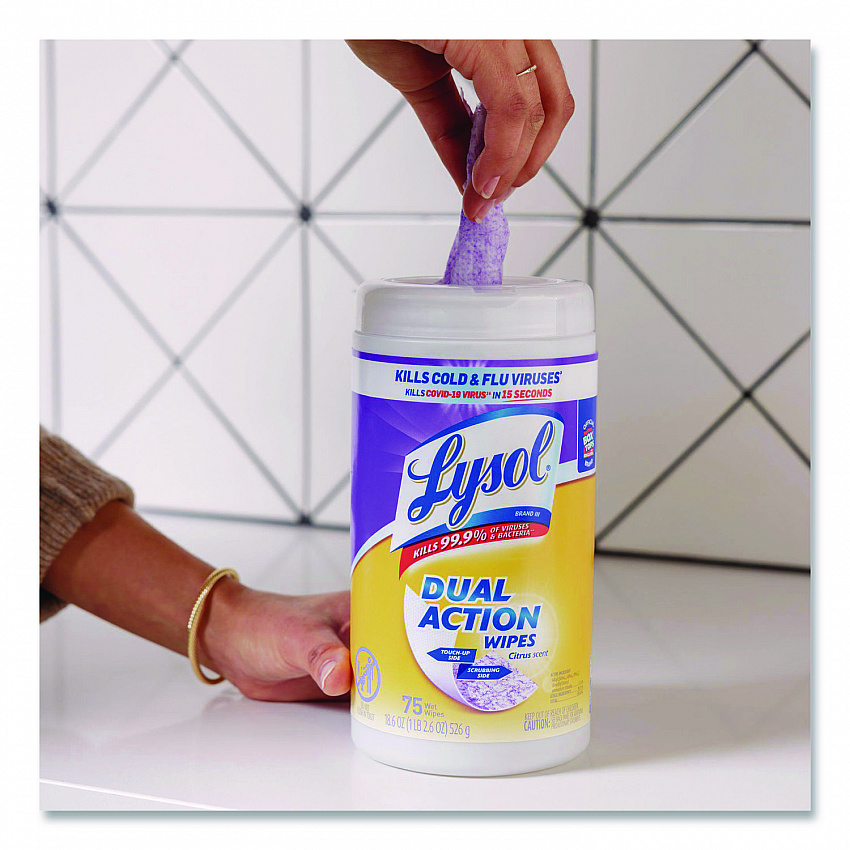 Dual Action Disinfecting Wipes, 1-Ply, 7 x 7.25, Citrus, White/Purple, 75/Canister (81700)