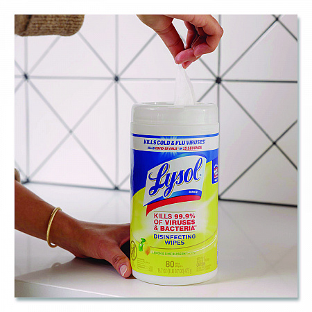 Disinfecting Wipes, 1-Ply, 7 x 7.25, Lemon and Lime Blossom, White, 80 Wipes/Canister, 2 Canisters/Pack, 3 Packs/Carton (80296)