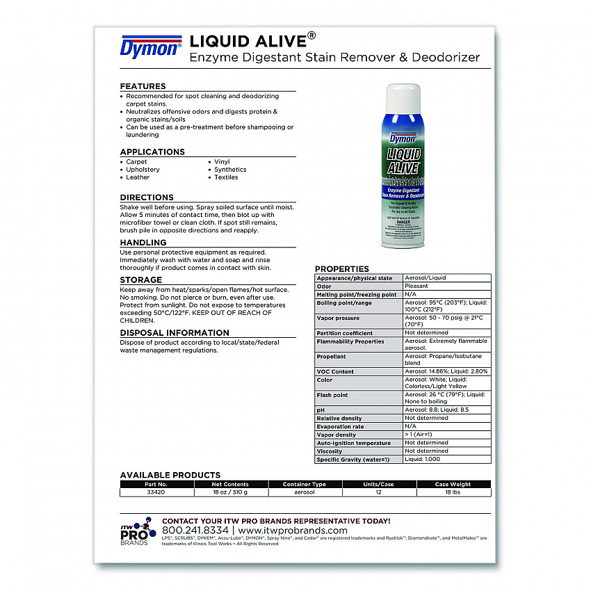LIQUID ALIVE Enzyme Digestant Carpet and Textile Cleaner/Deodorizer, 20 oz Aerosol Spray, 12/Carton (33420)