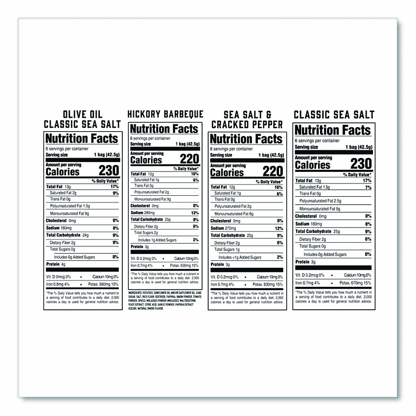 Chips Variety Pack, Hickory Barbeque, Sea Salt, Sea Salt and Cracked Pepper, Olive Oil, 1.5 oz, 24/Carton (PBR12283)