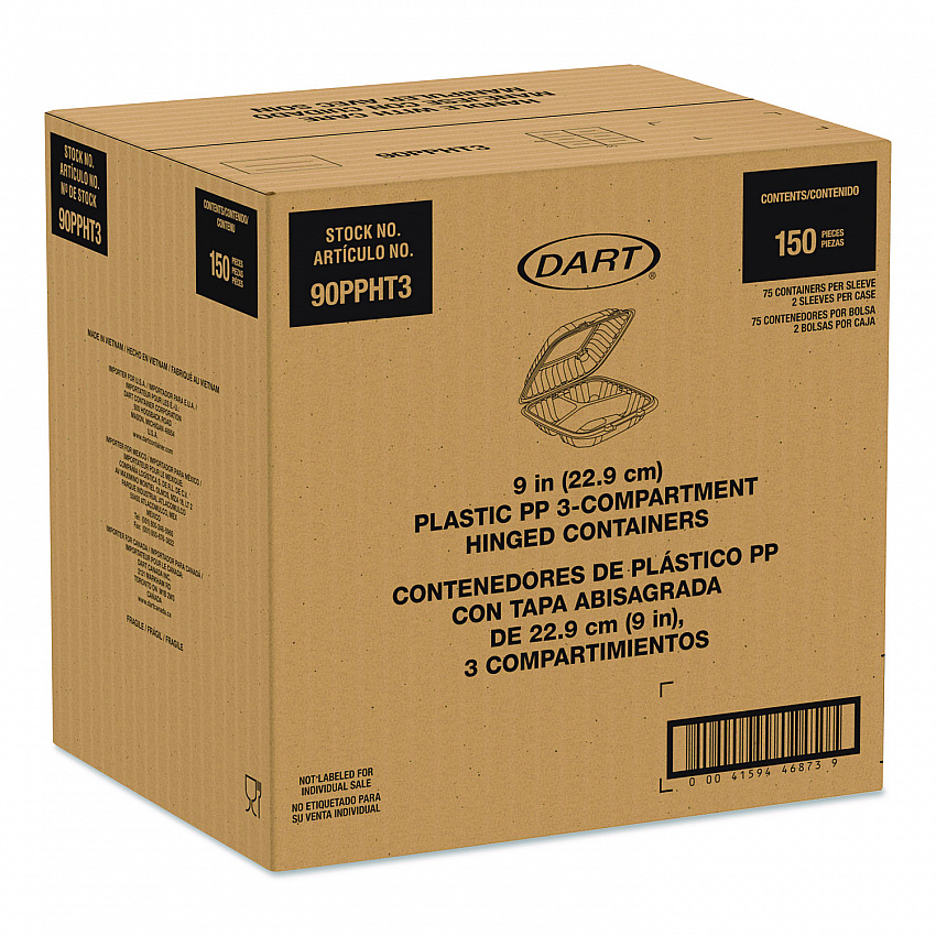 Microwaveable Hinged Containers, ProPlanet Seal, 3 Compartments, 9 x 8.75 x 3, Clear, Plastic,150/Carton (90PPHT3)