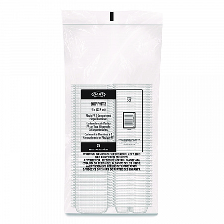Microwaveable Hinged Containers, ProPlanet Seal, 3 Compartments, 9 x 8.75 x 3, Clear, Plastic,150/Carton (90PPHT3)