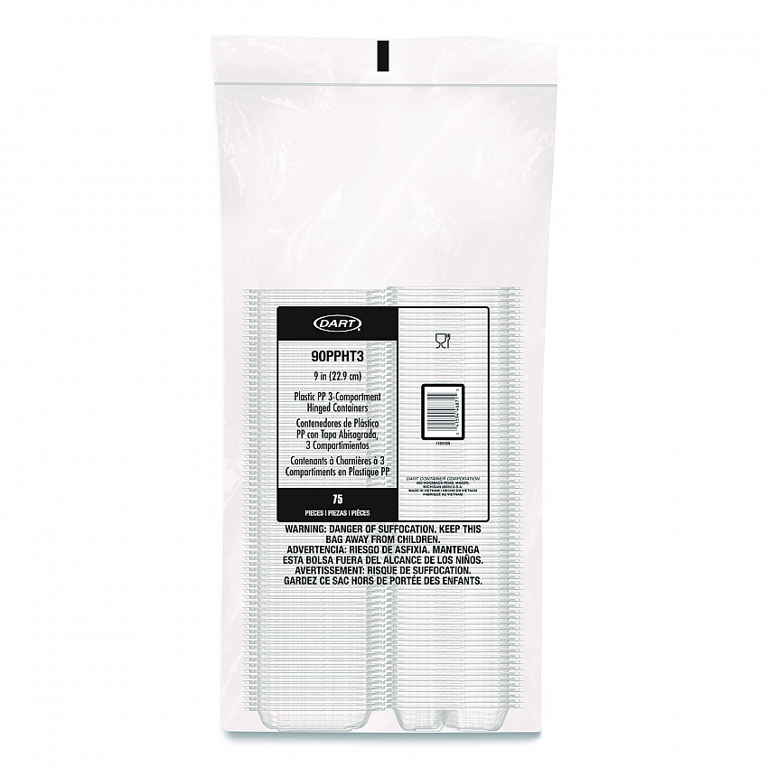Microwaveable Hinged Containers, ProPlanet Seal, 3 Compartments, 9 x 8.75 x 3, Clear, Plastic,150/Carton (90PPHT3)