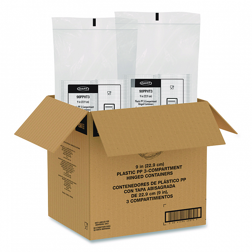 Microwaveable Hinged Containers, ProPlanet Seal, 3 Compartments, 9 x 8.75 x 3, Clear, Plastic,150/Carton (90PPHT3)