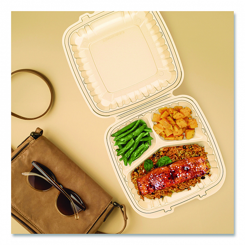 Microwaveable Hinged Containers, ProPlanet Seal, 3 Compartments, 9 x 8.75 x 3, Clear, Plastic,150/Carton (90PPHT3)