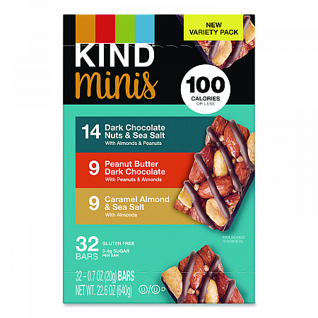 Minis, Dark Chocolate Nuts Sea Salt/Caramel Almond Nuts Sea Salt, 0.7 oz Bar, 32 Bars/Carton (22000799)