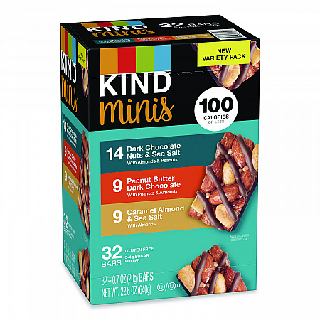Minis, Dark Chocolate Nuts Sea Salt/Caramel Almond Nuts Sea Salt, 0.7 oz Bar, 32 Bars/Carton (22000799)