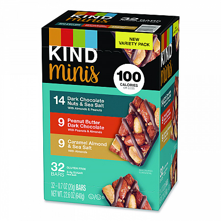 Minis, Dark Chocolate Nuts Sea Salt/Caramel Almond Nuts Sea Salt, 0.7 oz Bar, 32 Bars/Carton (22000799)