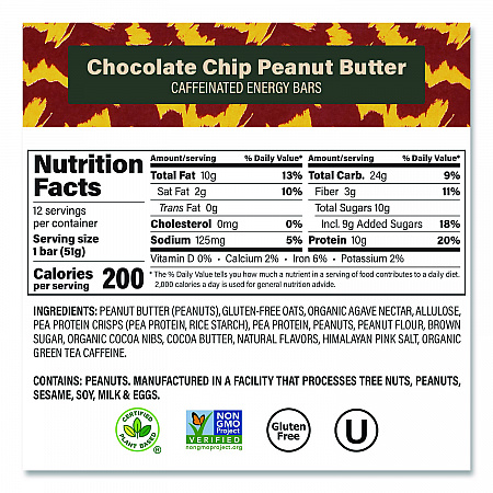 Caffeinated Protein Bar, Chocolate Chip Peanut Butter, 1.8 oz Bar, 12/Box (22002522)