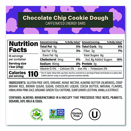 Caffeinated Energy Bar, Chocolate Chip Cookie Dough, 0.92 oz Bar, 16/Box (22002525)